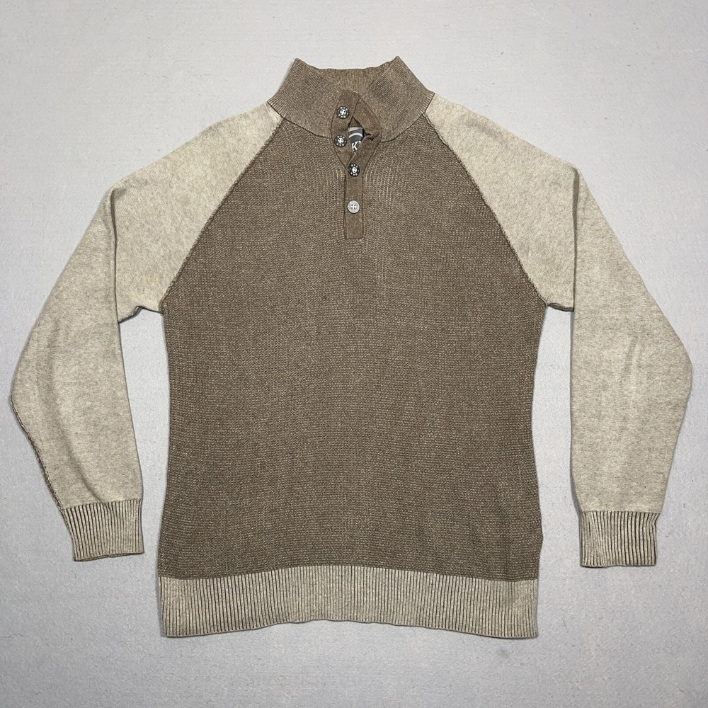BKE Sweater Men Medium Henley Brown Tan Raglan Sleeve Mock Neck Casual